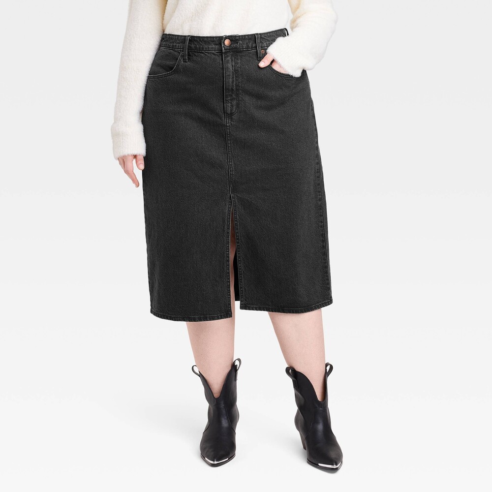 High-Rise Denim Midi Skirt - Black 17